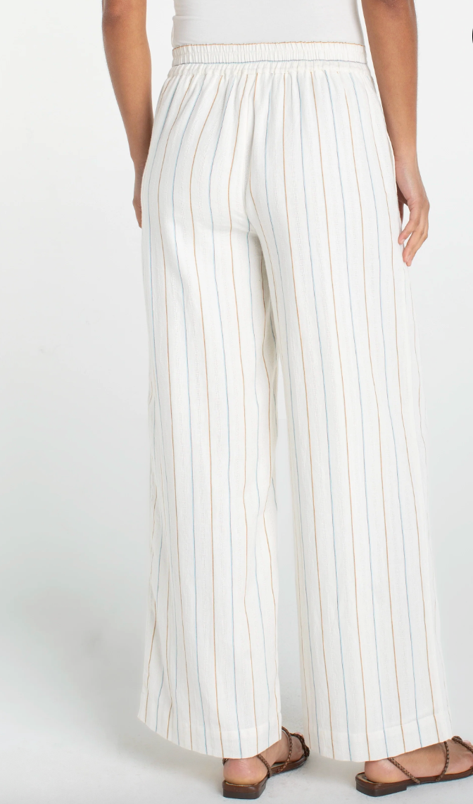 LIVERPOOL Pull-On Wide Leg Woven Pant - Cream Blue Multi Stripe
