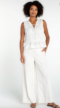 LIVERPOOL Sleeveless Tie Front Woven Top - Cream Blue Multi Stripe