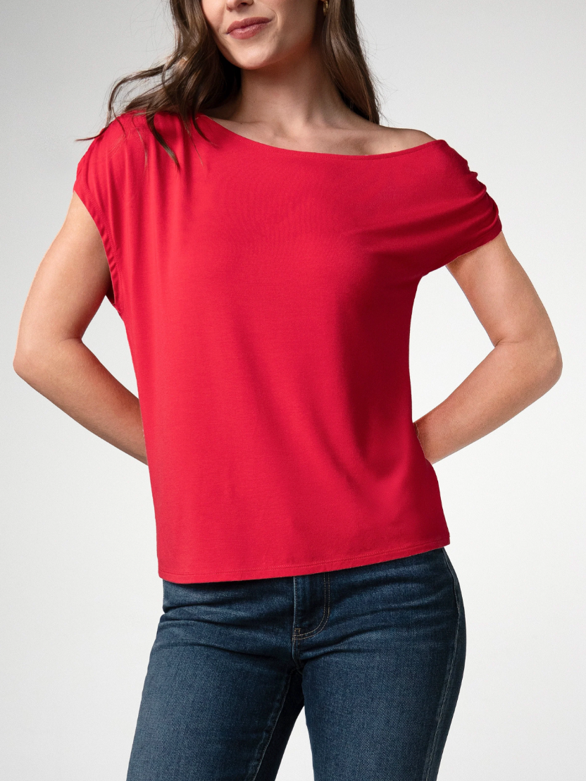 LIVERPOOL Asymmetrical Off Shoulder Knit Top - Cherry Rose
