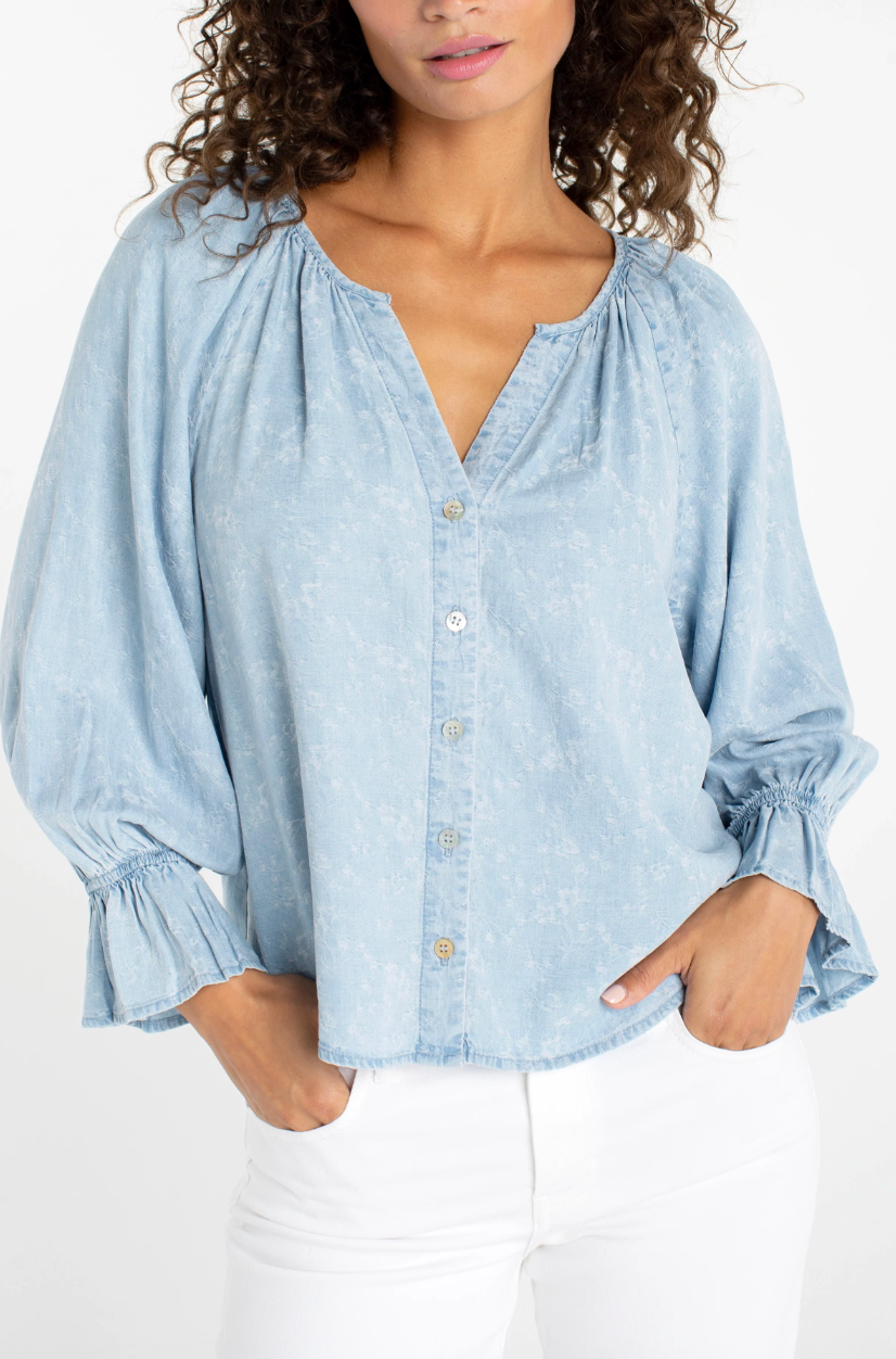 LIVERPOOL 3/4 Sleeve Button Front Top - Rose Ice