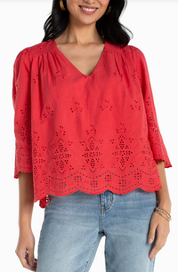 LIVERPOOL 3/4 Sleeve V-Neck Eyelet Woven Top - Cherry Rose
