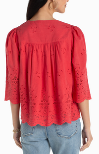 LIVERPOOL 3/4 Sleeve V-Neck Eyelet Woven Top - Cherry Rose