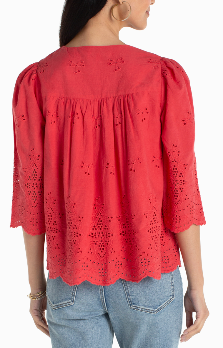 LIVERPOOL 3/4 Sleeve V-Neck Eyelet Woven Top - Cherry Rose