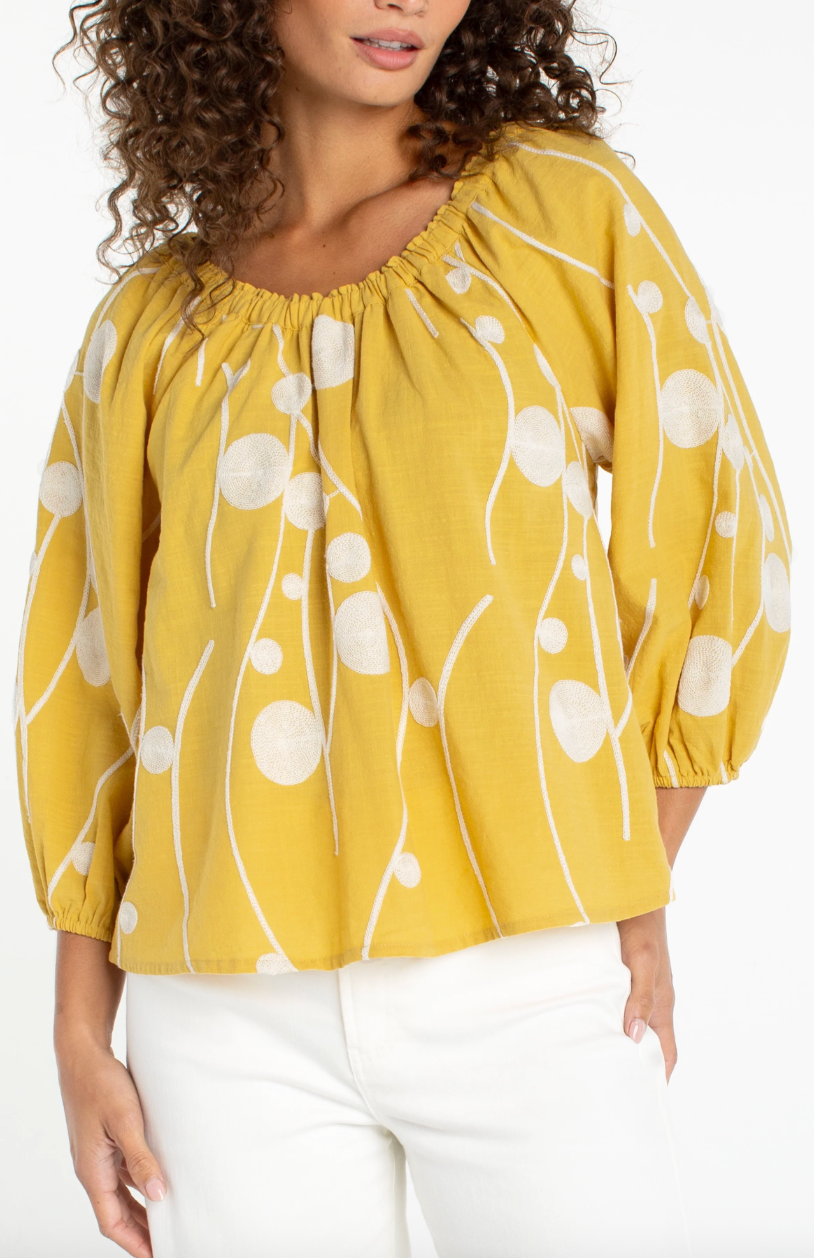 LIVERPOOL 3/4 Sleeve Woven Top - Yellow Cream Embroidery