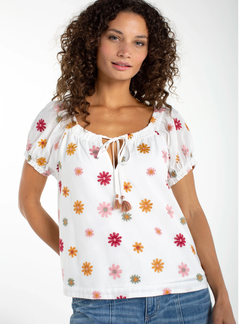LIVERPOOL Woven Top With Front Tie - White Multi Flower