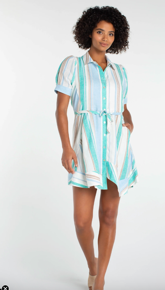 LIVERPOOL Raglan Asymmetrical Woven Shirt Dress - Cream Teal Multi Stripe