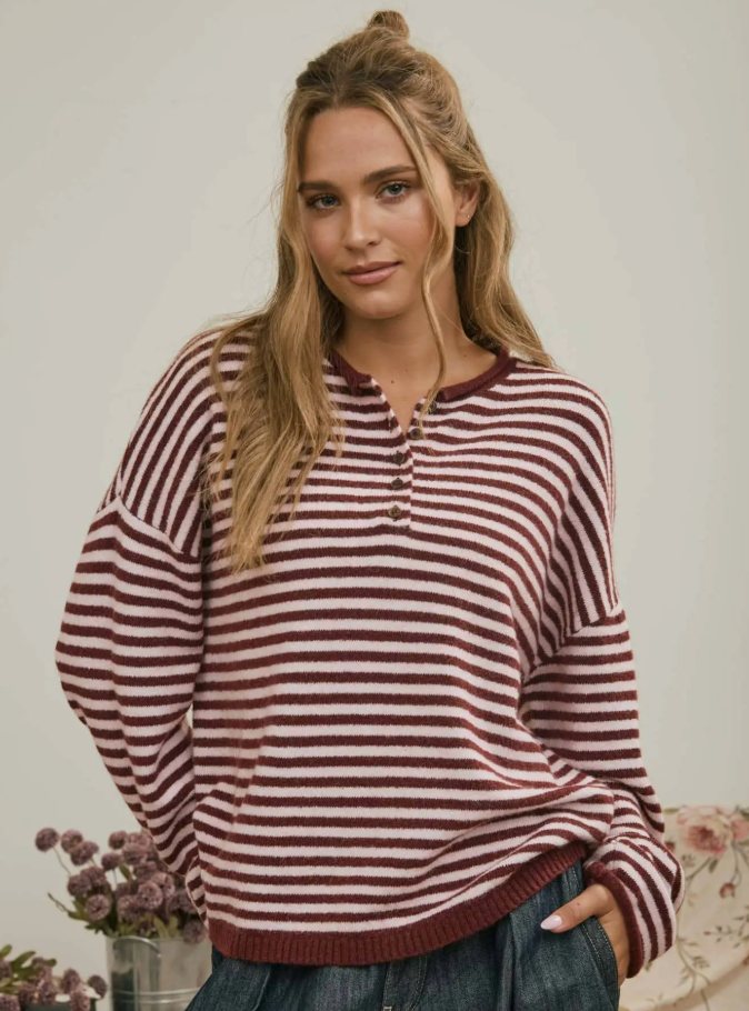 Burgundy Stripe Henley Top