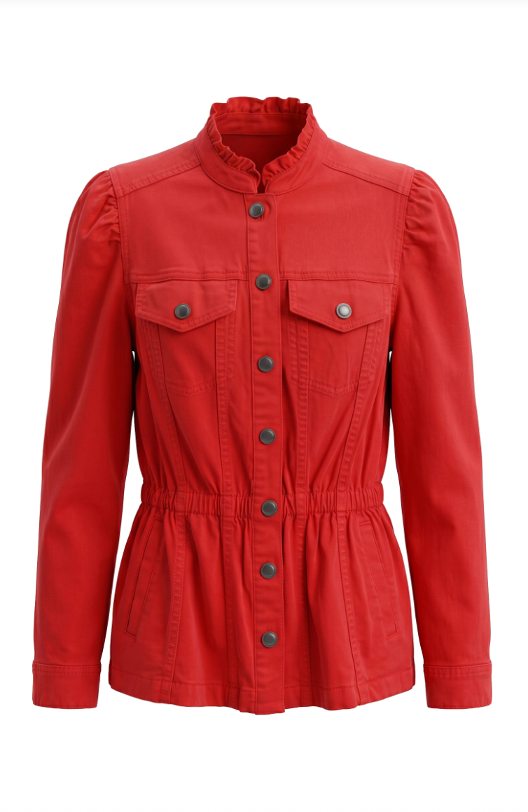 LIVERPOOL Puff Sleeve Trucker Jacket With Ruffle Collar - Sundance Red