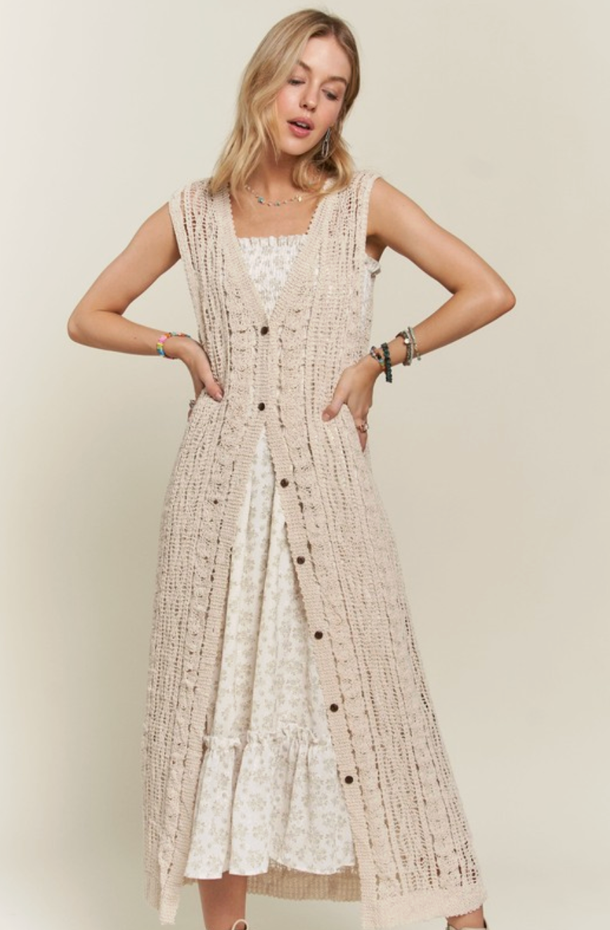 Crochet Long Cardigan - Beige