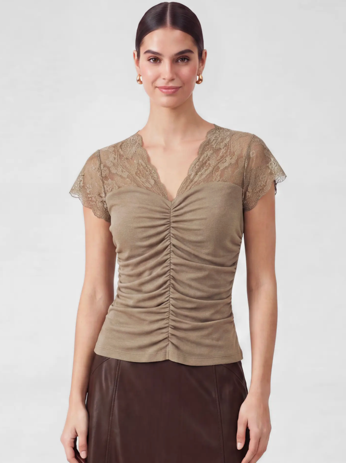 Lace Ruched Top - Sand