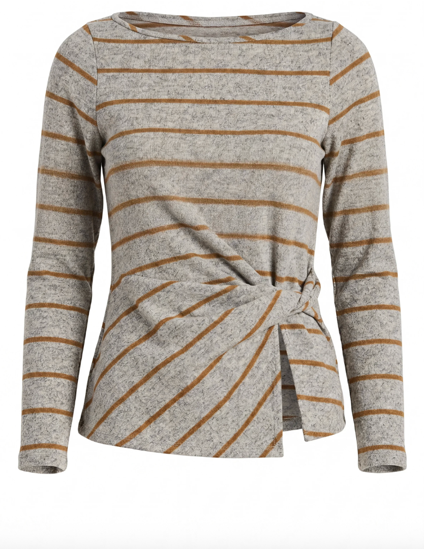 LIVERPOOL Knit Top With Twist Detail - Heather Gray Yellow Stripe