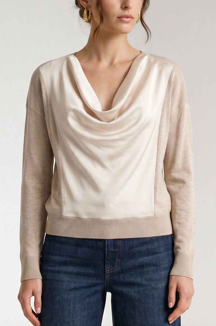 LIVERPOOL Draped Neck Knit Top With Twist Detail - Champagne Melange