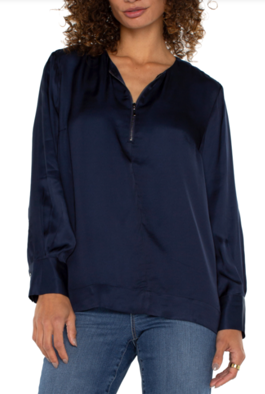 LIVERPOOL Long Sleeve Zip Front Blouse - Dark Navy