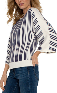 LIVERPOOL 3/4 Sleeve Boat Neck Dolman Sweater - Cream Navy Stripe