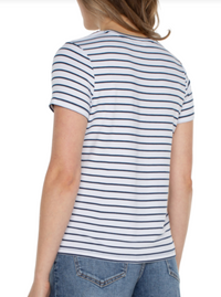 LIVERPOOL Short Sleeve Crew Neck Classic Knit Tee - White With Indigo Dusk Stripe