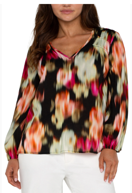 LIVERPOOL Long Sleeve V-Neck Shirred Woven Blouse - Star Ruby Floral