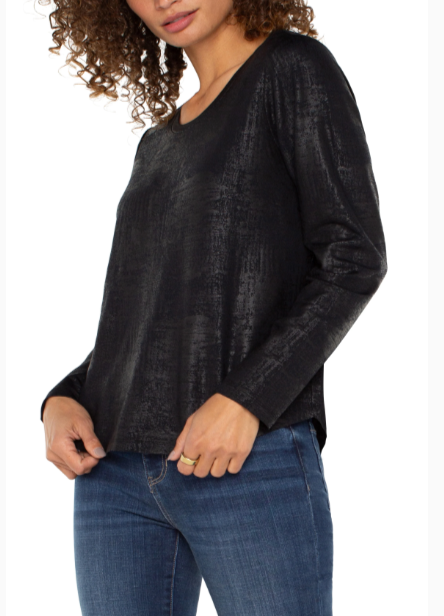 LIVERPOOL Long Sleeve Scoop Neck Knit Top - Distressed Black