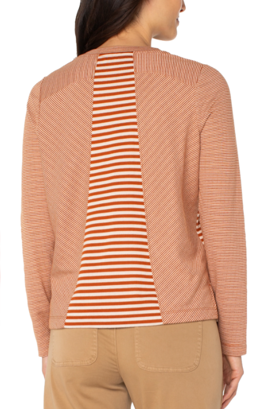 LIVERPOOL Long Sleeve Crew Neck Knit Top With Seaming - Ginger Spice/Cream Stripe