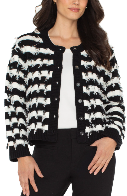 LIVERPOOL Long Sleeve Cardigan Sweater - Black White Fringe Stripe