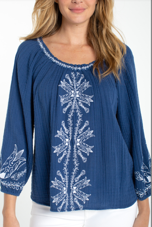 LIVERPOOL 3/4 Sleeve Woven Top With Embroidery - Liberty Blue