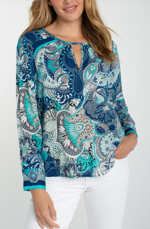 LIVERPOOL Long Sleeve Woven Top With Keyhole Neckline - Aqua/Blue Multi