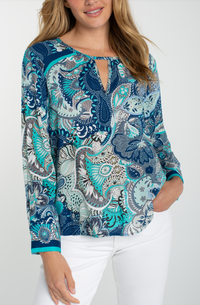 LIVERPOOL Long Sleeve Woven Top With Keyhole Neckline - Aqua/Blue Multi