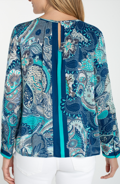 LIVERPOOL Long Sleeve Woven Top With Keyhole Neckline - Aqua/Blue Multi