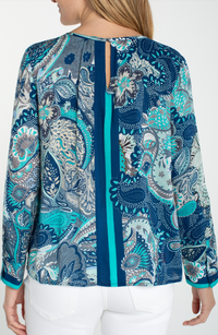 LIVERPOOL Long Sleeve Woven Top With Keyhole Neckline - Aqua/Blue Multi