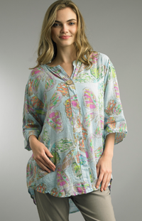 One Button Printed Top - Turquoise