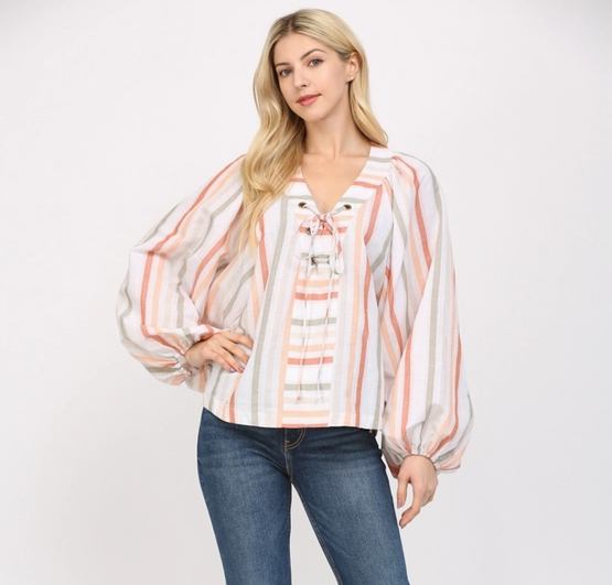 Stripe Lace Up Blouse
