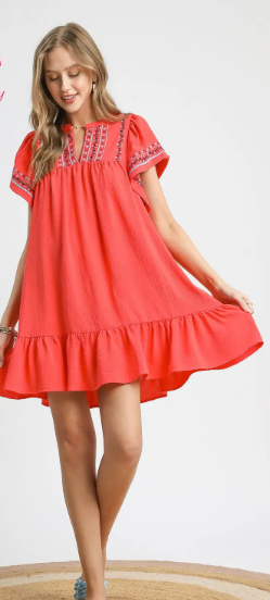 Coral Embroidery Mini Dress