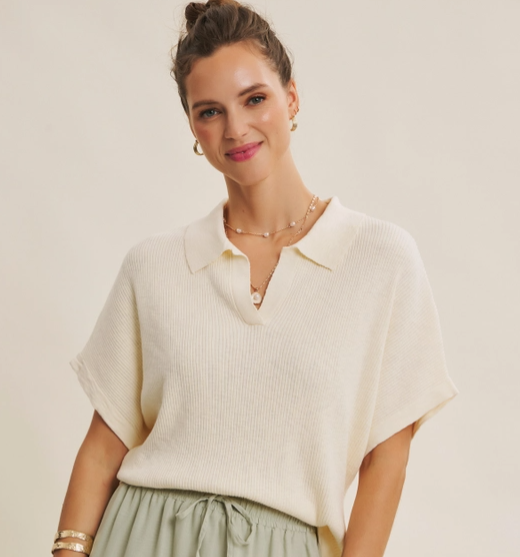 Cream Knit Polo Top