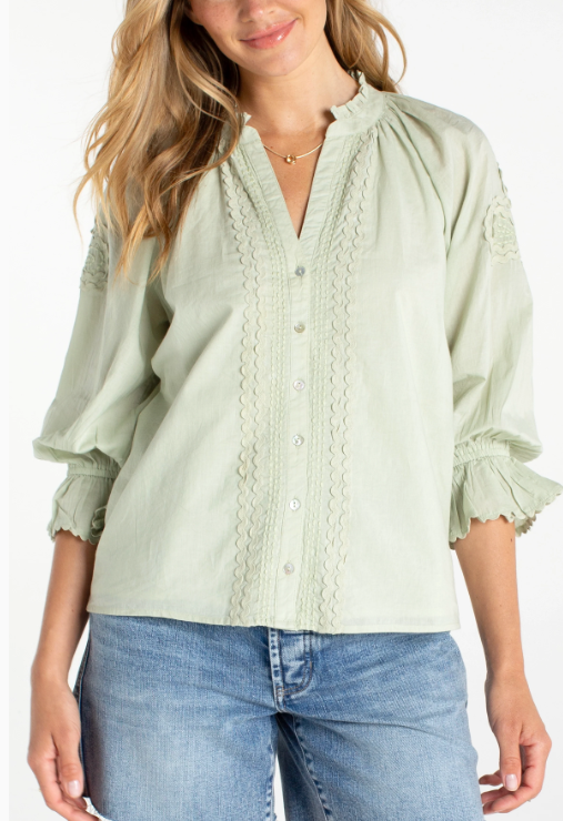 LIVERPOOL 3/4 Sleeve Button Front Woven Top - Matcha