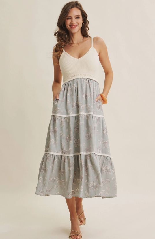 Sweater Top With Floral Skirt Midi Dress