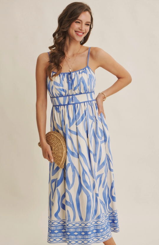 Ikat Border Print Midi Dress - Blue