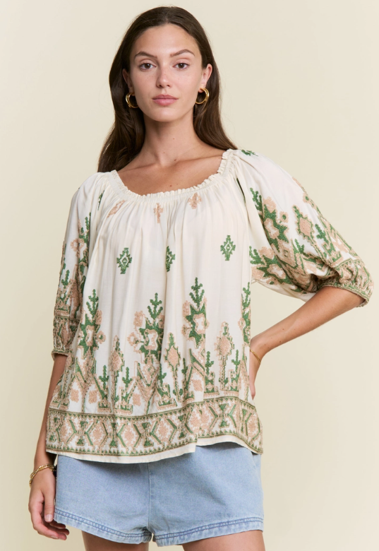 Beige & Green Embroidered Top
