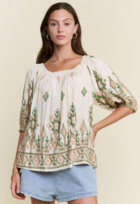Beige & Green Embroidered Top