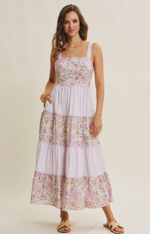 Lavender Florals & Stripes Midi Dress