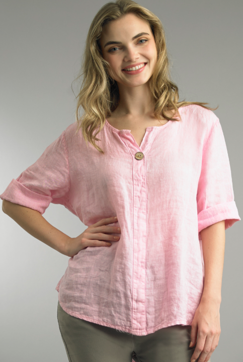 Pink Short Sleeve Linen Top