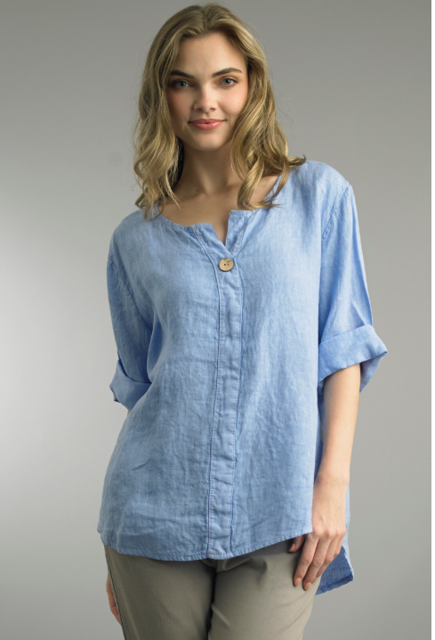 Blue Short Sleeve Linen Top