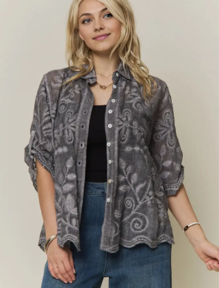 Grey Boho Embroidered Top