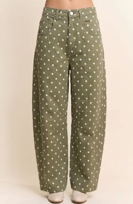 Olive Polka Dot Barrel Pants
