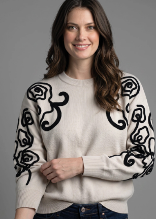 Beige Embroidered Sleeve Sweater