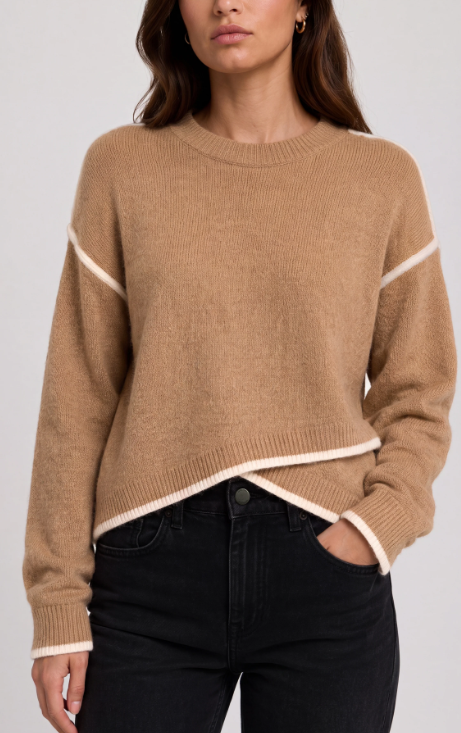 LIVERPOOL Long Sleeve Sweater With Tulip Hem - Heather Camel With Cream