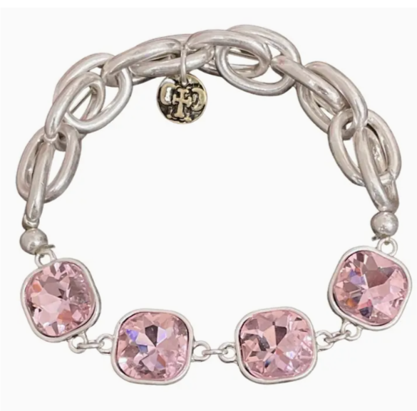 Silver Chain Stretch Bracelet - Pink Rhinestones