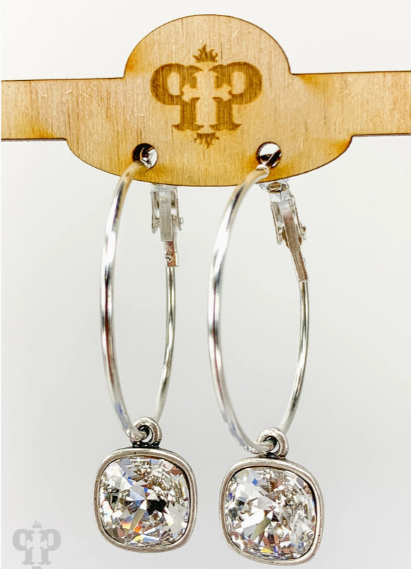 Square Crystal Hoop Earrings - Clear/Silver