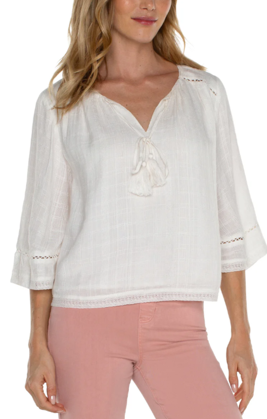 LIVERPOOL Shirred Woven Tie Front Top - Off White