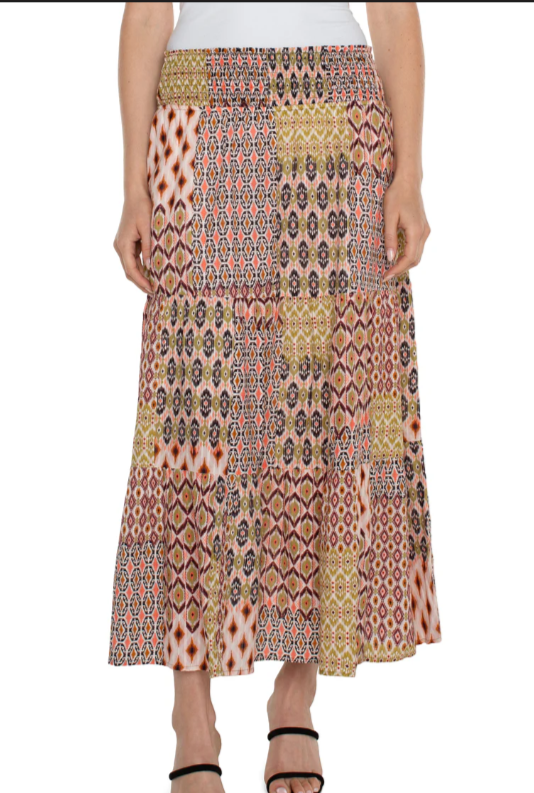 LIVERPOOL Woven Maxi Skirt With Smocked Waistband - Geo Patchwork